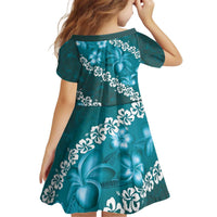Vintage Dark Cyan Polynesia Kid Short Sleeve Dress Plumeria With Hibiscus Tropical Vibes