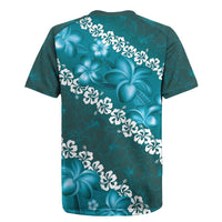 Vintage Dark Cyan Polynesia Rugby Jersey Plumeria With Hibiscus Tropical Vibes