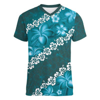 Vintage Dark Cyan Polynesia Women V-Neck T-Shirt Plumeria With Hibiscus Tropical Vibes LT14 Female Dark Cyan - Polynesian Pride