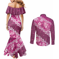 Vintage Pink Polynesia Couples Matching Mermaid Dress and Long Sleeve Button Shirt Plumeria With Hibiscus Tropical Vibes LT14 - Polynesian Pride