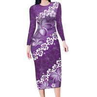 Vintage Purple Polynesia Long Sleeve Bodycon Dress Plumeria With Hibiscus Tropical Vibes