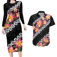 Black Polynesia Couples Matching Long Sleeve Bodycon Dress and Hawaiian Shirt Plumeria With Hibiscus Pattern Tropical Vibes LT14 Black - Polynesian Pride