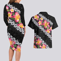 Black Polynesia Couples Matching Long Sleeve Bodycon Dress and Hawaiian Shirt Plumeria With Hibiscus Pattern Tropical Vibes LT14 - Polynesian Pride