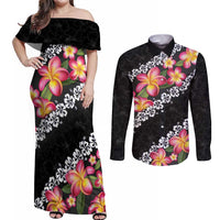 Black Polynesia Couples Matching Off Shoulder Maxi Dress and Long Sleeve Button Shirt Plumeria With Hibiscus Pattern Tropical Vibes