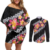 Black Polynesia Couples Matching Off Shoulder Short Dress and Long Sleeve Button Shirt Plumeria With Hibiscus Pattern Tropical Vibes