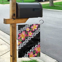 Black Polynesia Garden Flag Plumeria With Hibiscus Pattern Tropical Vibes