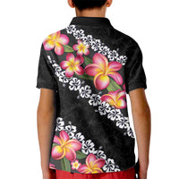 Black Polynesia Kid Polo Shirt Plumeria With Hibiscus Pattern Tropical Vibes LT14 - Polynesian Pride