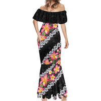 Black Polynesia Mermaid Dress Plumeria With Hibiscus Pattern Tropical Vibes LT14 - Polynesian Pride
