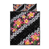 Black Polynesia Quilt Bed Set Plumeria With Hibiscus Pattern Tropical Vibes