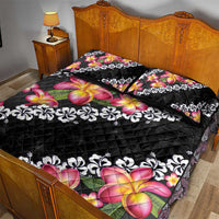 Black Polynesia Quilt Bed Set Plumeria With Hibiscus Pattern Tropical Vibes