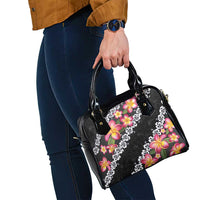 Black Polynesia Shoulder Handbag Plumeria With Hibiscus Pattern Tropical Vibes LT14 - Polynesian Pride