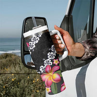 Black Polynesia Tumbler With Handle Plumeria With Hibiscus Pattern Tropical Vibes