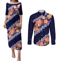 Blue Polynesia Couples Matching Puletasi and Long Sleeve Button Shirt Plumeria With Hibiscus Pattern Tropical Vibes