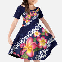 Blue Polynesia Kid Short Sleeve Dress Plumeria With Hibiscus Pattern Tropical Vibes LT14 KID Blue - Polynesian Pride