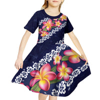 Blue Polynesia Kid Short Sleeve Dress Plumeria With Hibiscus Pattern Tropical Vibes LT14 - Polynesian Pride
