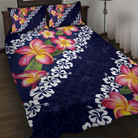 Blue Polynesia Quilt Bed Set Plumeria With Hibiscus Pattern Tropical Vibes