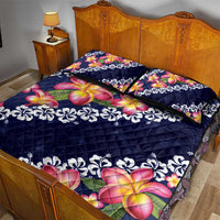 Blue Polynesia Quilt Bed Set Plumeria With Hibiscus Pattern Tropical Vibes