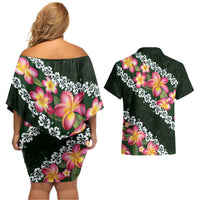 Green Polynesia Couples Matching Off Shoulder Short Dress and Hawaiian Shirt Plumeria With Hibiscus Pattern Tropical Vibes