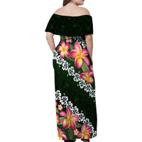 Green Polynesia Family Matching Off Shoulder Maxi Dress and Hawaiian Shirt Plumeria With Hibiscus Pattern Tropical Vibes
