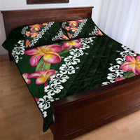 Green Polynesia Quilt Bed Set Plumeria With Hibiscus Pattern Tropical Vibes