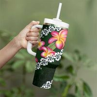 Green Polynesia Tumbler With Handle Plumeria With Hibiscus Pattern Tropical Vibes