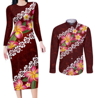 Oxblood Polynesia Couples Matching Long Sleeve Bodycon Dress and Long Sleeve Button Shirt Plumeria With Hibiscus Pattern Tropical Vibes LT14 Oxblood - Polynesian Pride
