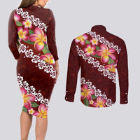 Oxblood Polynesia Couples Matching Long Sleeve Bodycon Dress and Long Sleeve Button Shirt Plumeria With Hibiscus Pattern Tropical Vibes LT14 - Polynesian Pride