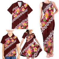 Oxblood Polynesia Family Matching Tank Maxi Dress and Hawaiian Shirt Plumeria With Hibiscus Pattern Tropical Vibes