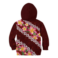 Oxblood Polynesia Kid Hoodie Plumeria With Hibiscus Pattern Tropical Vibes