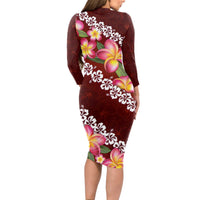 Oxblood Polynesia Long Sleeve Bodycon Dress Plumeria With Hibiscus Pattern Tropical Vibes