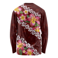 Oxblood Polynesia Long Sleeve Shirt Plumeria With Hibiscus Pattern Tropical Vibes