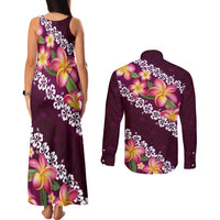 Pink Polynesia Couples Matching Tank Maxi Dress and Long Sleeve Button Shirt Plumeria With Hibiscus Pattern Tropical Vibes