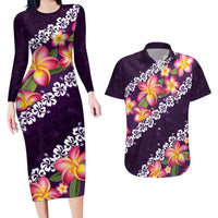Purple Polynesia Couples Matching Long Sleeve Bodycon Dress and Hawaiian Shirt Plumeria With Hibiscus Pattern Tropical Vibes LT14 Purple - Polynesian Pride