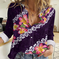 Purple Polynesia Women Casual Shirt Plumeria With Hibiscus Pattern Tropical Vibes LT14 Female Purple - Polynesian Pride