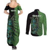 Personalised New Zealand Darts Couples Matching Summer Maxi Dress and Long Sleeve Button Shirt Aotearoa Maori Fern Mix Manaia Tattoo LT14 - Polynesian Pride