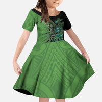 Personalised New Zealand Darts Family Matching Tank Maxi Dress and Hawaiian Shirt Aotearoa Maori Fern Mix Manaia Tattoo LT14 Daughter's Dress Green - Polynesian Pride