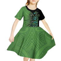 Personalised New Zealand Darts Kid Short Sleeve Dress Aotearoa Maori Fern Mix Manaia Tattoo