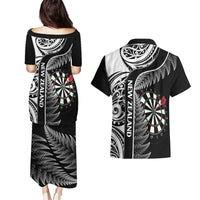 Personalised New Zealand Darts Couples Matching Puletasi and Hawaiian Shirt Aotearoa Fern Mix Paua Shell Manaia - Black