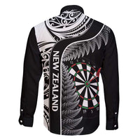 Personalised New Zealand Darts Family Matching Off Shoulder Maxi Dress and Hawaiian Shirt Aotearoa Fern Mix Paua Shell Manaia - Black LT14 - Polynesian Pride