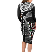 Personalised New Zealand Darts Long Sleeve Bodycon Dress Aotearoa Fern Mix Paua Shell Manaia - Black