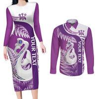 Personalised New Zealand Darts Couples Matching Long Sleeve Bodycon Dress and Long Sleeve Button Shirt Aotearoa Fern Mix Paua Shell Manaia - Purple LT14 Purple - Polynesian Pride