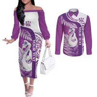 Personalised New Zealand Darts Couples Matching Off The Shoulder Long Sleeve Dress and Long Sleeve Button Shirt Aotearoa Fern Mix Paua Shell Manaia - Purple LT14 Purple - Polynesian Pride