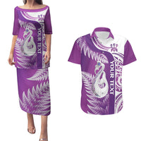 Personalised New Zealand Darts Couples Matching Puletasi and Hawaiian Shirt Aotearoa Fern Mix Paua Shell Manaia - Purple LT14 Purple - Polynesian Pride