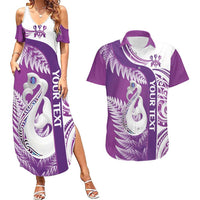 Personalised New Zealand Darts Couples Matching Summer Maxi Dress and Hawaiian Shirt Aotearoa Fern Mix Paua Shell Manaia - Purple LT14 Purple - Polynesian Pride