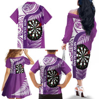 Personalised New Zealand Darts Family Matching Off The Shoulder Long Sleeve Dress and Hawaiian Shirt Aotearoa Fern Mix Paua Shell Manaia - Purple