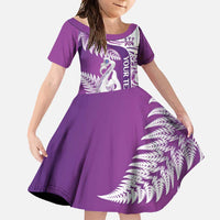 Personalised New Zealand Darts Family Matching Short Sleeve Bodycon Dress and Hawaiian Shirt Aotearoa Fern Mix Paua Shell Manaia - Purple LT14 Daughter's Dress Purple - Polynesian Pride