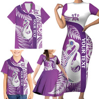Personalised New Zealand Darts Family Matching Short Sleeve Bodycon Dress and Hawaiian Shirt Aotearoa Fern Mix Paua Shell Manaia - Purple LT14 - Polynesian Pride