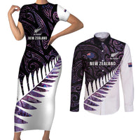 New Zealand Silver Fern Rugby Custom Couples Matching Short Sleeve Bodycon Dress and Long Sleeve Button Shirt Go All Black Purple Maori Paua Shell - Polynesian Pride