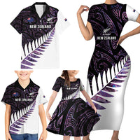 New Zealand Silver Fern Rugby Custom Family Matching Short Sleeve Bodycon Dress and Hawaiian Shirt Go All Black Purple Maori Paua Shell - Polynesian Pride