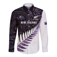 New Zealand Silver Fern Rugby Custom Long Sleeve Button Shirt Go All Black Purple Maori Paua Shell - Polynesian Pride